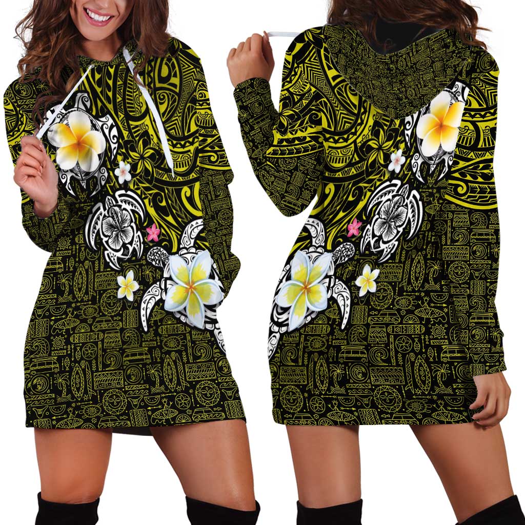 Hawaiian Turtle and Plumeria Hoodie Dress Polynesian Tattoo and Tribal Elements Pattern Yellow Color LT03 - Polynesian Pride
