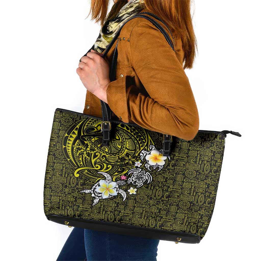 Hawaiian Turtle and Plumeria Leather Tote Bag Polynesian Tattoo and Tribal Elements Pattern Yellow Color