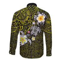 Hawaiian Turtle and Plumeria Long Sleeve Button Shirt Polynesian Tattoo and Tribal Elements Pattern Yellow Color