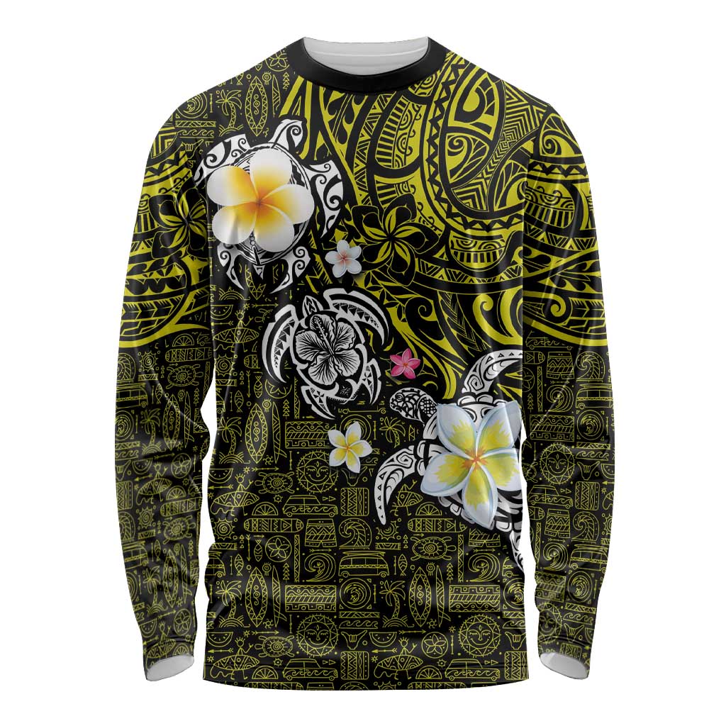 Hawaiian Turtle and Plumeria Long Sleeve Shirt Polynesian Tattoo and Tribal Elements Pattern Yellow Color LT03 Unisex Yellow - Polynesian Pride