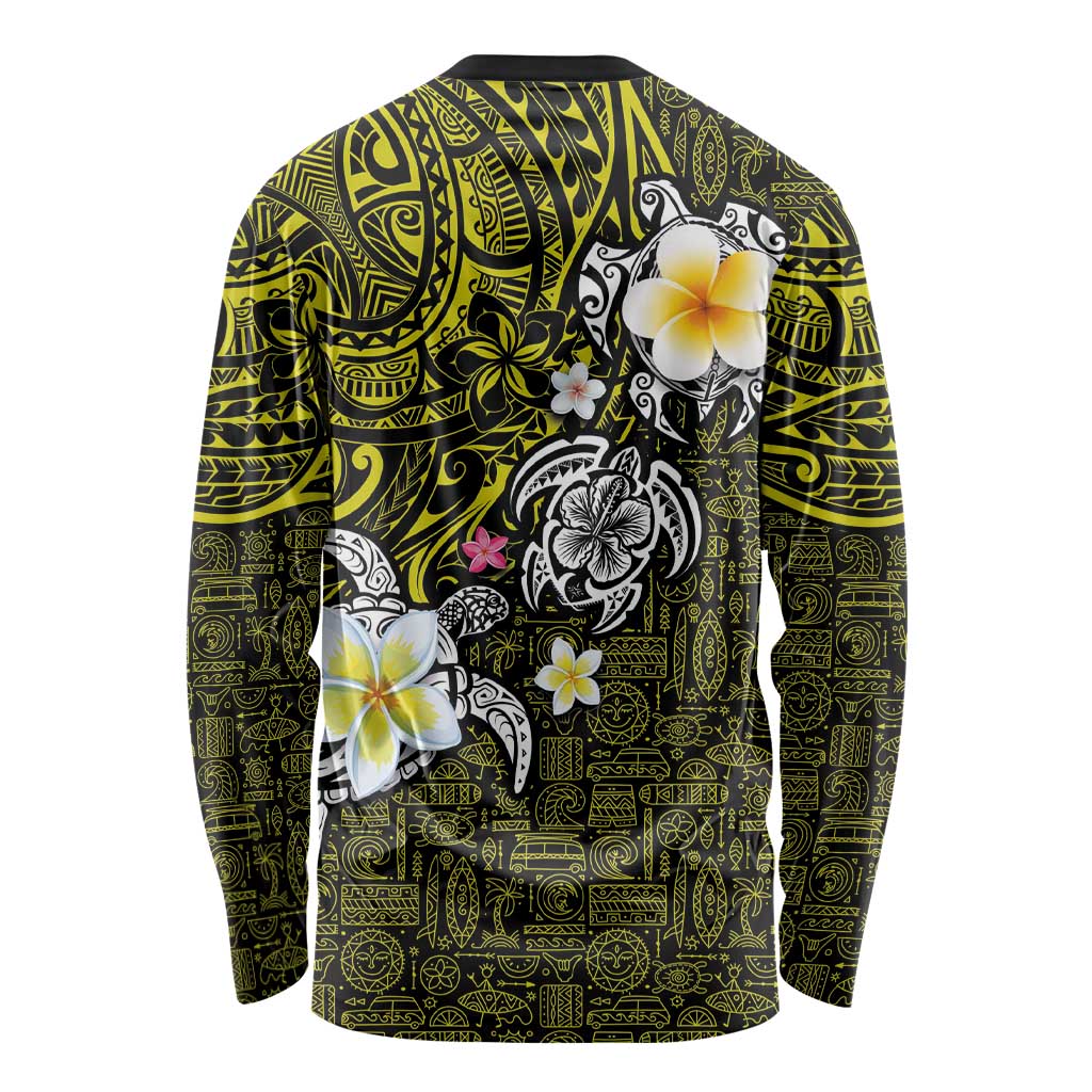 Hawaiian Turtle and Plumeria Long Sleeve Shirt Polynesian Tattoo and Tribal Elements Pattern Yellow Color LT03 - Polynesian Pride