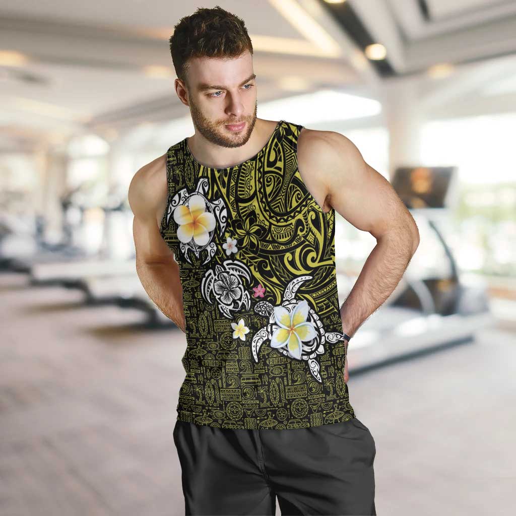 Hawaiian Turtle and Plumeria Men Tank Top Polynesian Tattoo and Tribal Elements Pattern Yellow Color