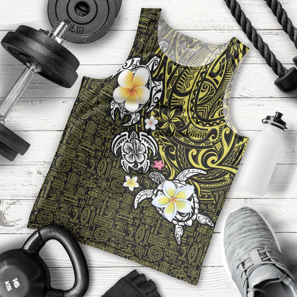 Hawaiian Turtle and Plumeria Men Tank Top Polynesian Tattoo and Tribal Elements Pattern Yellow Color LT03 - Polynesian Pride