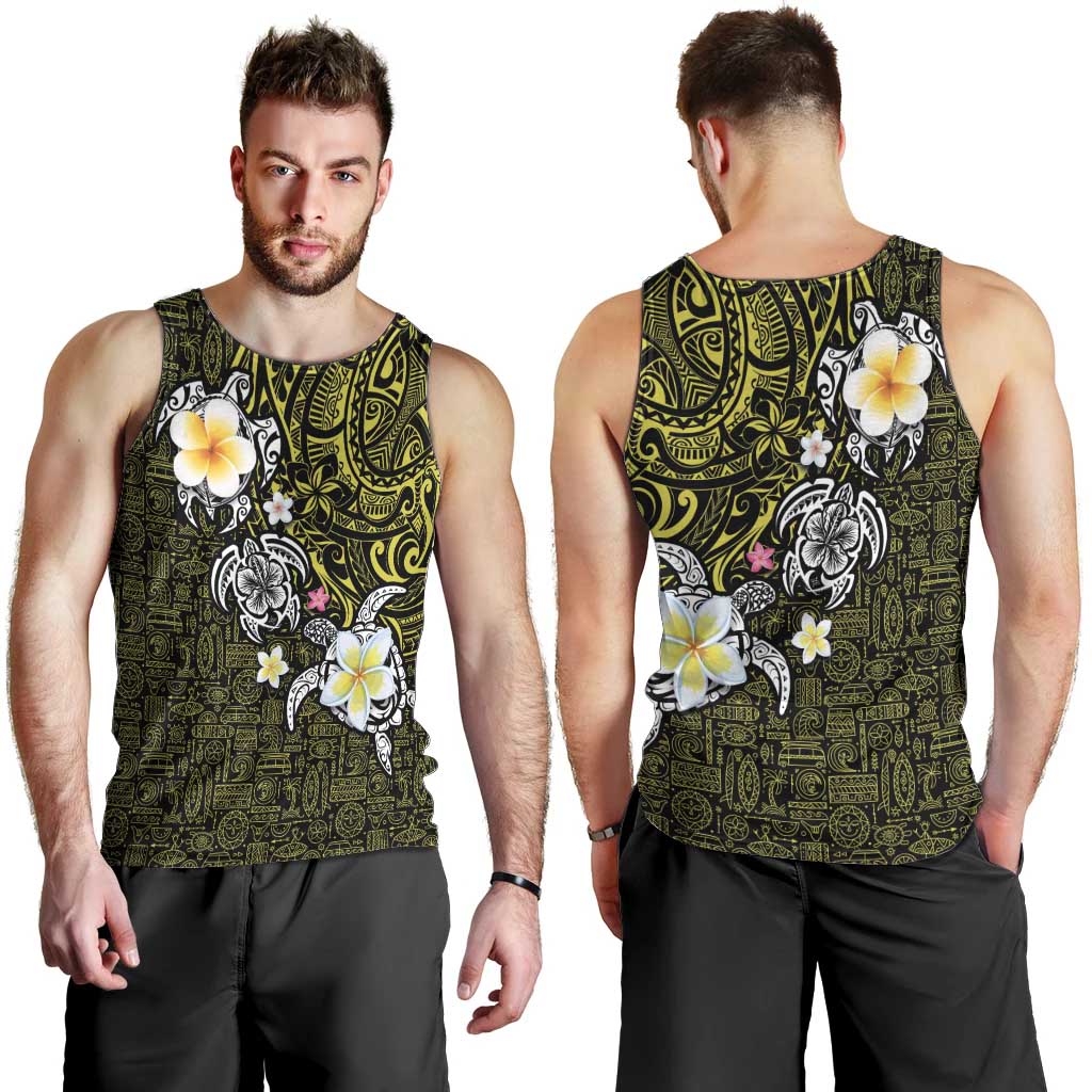 Hawaiian Turtle and Plumeria Men Tank Top Polynesian Tattoo and Tribal Elements Pattern Yellow Color LT03 - Polynesian Pride