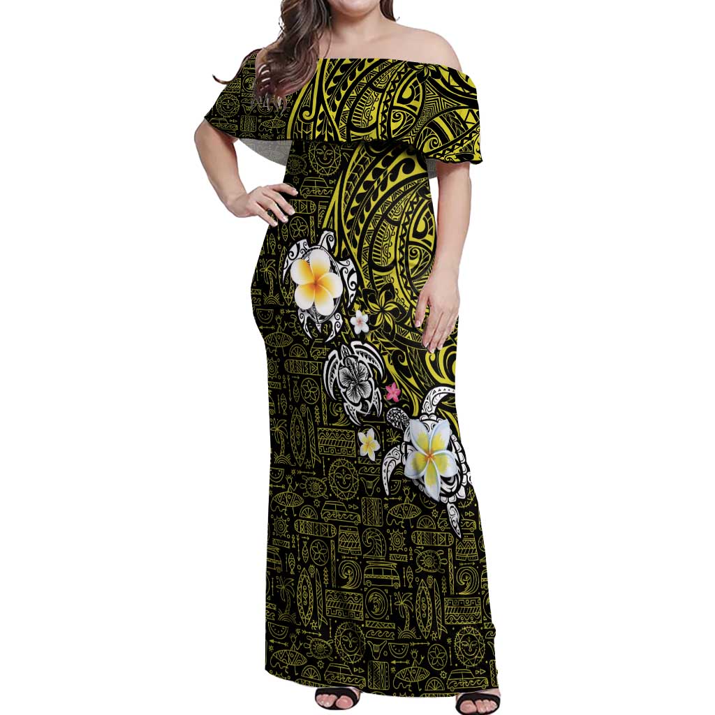 Hawaiian Turtle and Plumeria Off Shoulder Maxi Dress Polynesian Tattoo and Tribal Elements Pattern Yellow Color LT03 Women Yellow - Polynesian Pride