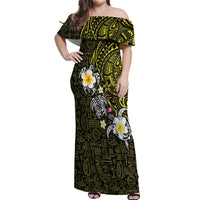 Hawaiian Turtle and Plumeria Off Shoulder Maxi Dress Polynesian Tattoo and Tribal Elements Pattern Yellow Color LT03 Women Yellow - Polynesian Pride
