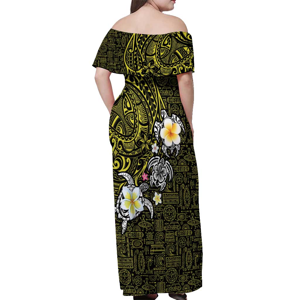 Hawaiian Turtle and Plumeria Off Shoulder Maxi Dress Polynesian Tattoo and Tribal Elements Pattern Yellow Color LT03 - Polynesian Pride
