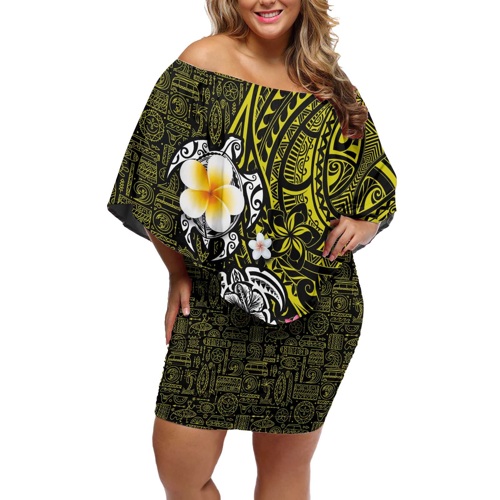 Hawaiian Turtle and Plumeria Off Shoulder Short Dress Polynesian Tattoo and Tribal Elements Pattern Yellow Color