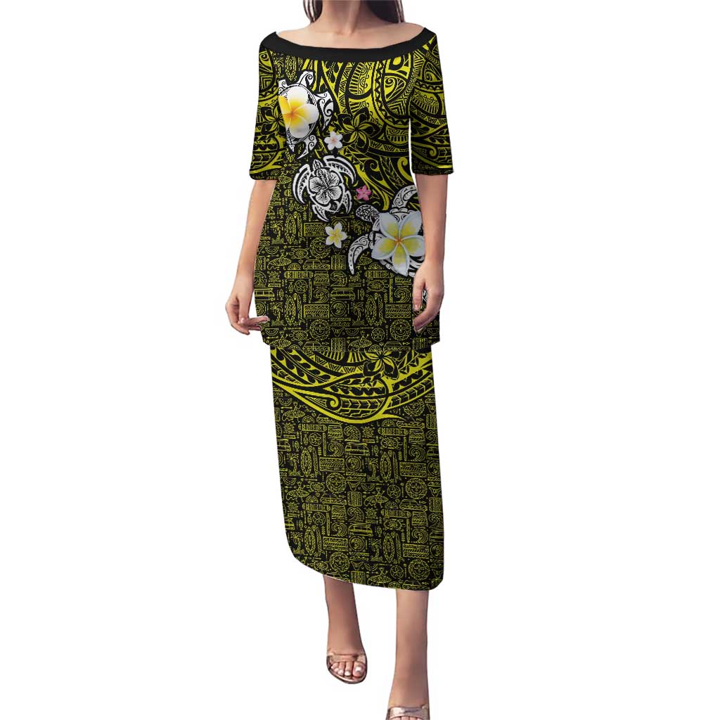 Hawaiian Turtle and Plumeria Puletasi Polynesian Tattoo and Tribal Elements Pattern Yellow Color LT03 Long Dress Yellow - Polynesian Pride
