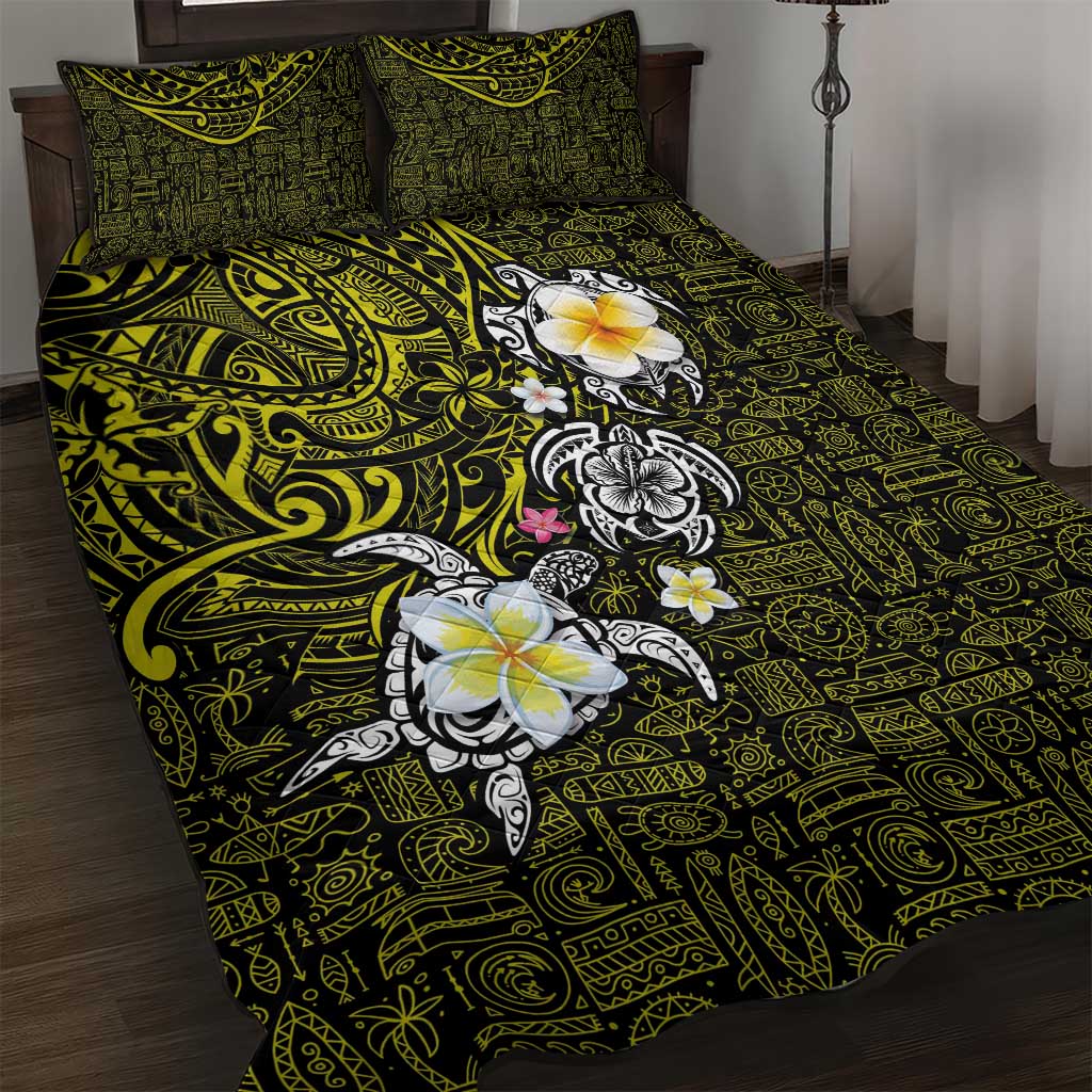 Hawaiian Turtle and Plumeria Quilt Bed Set Polynesian Tattoo and Tribal Elements Pattern Yellow Color