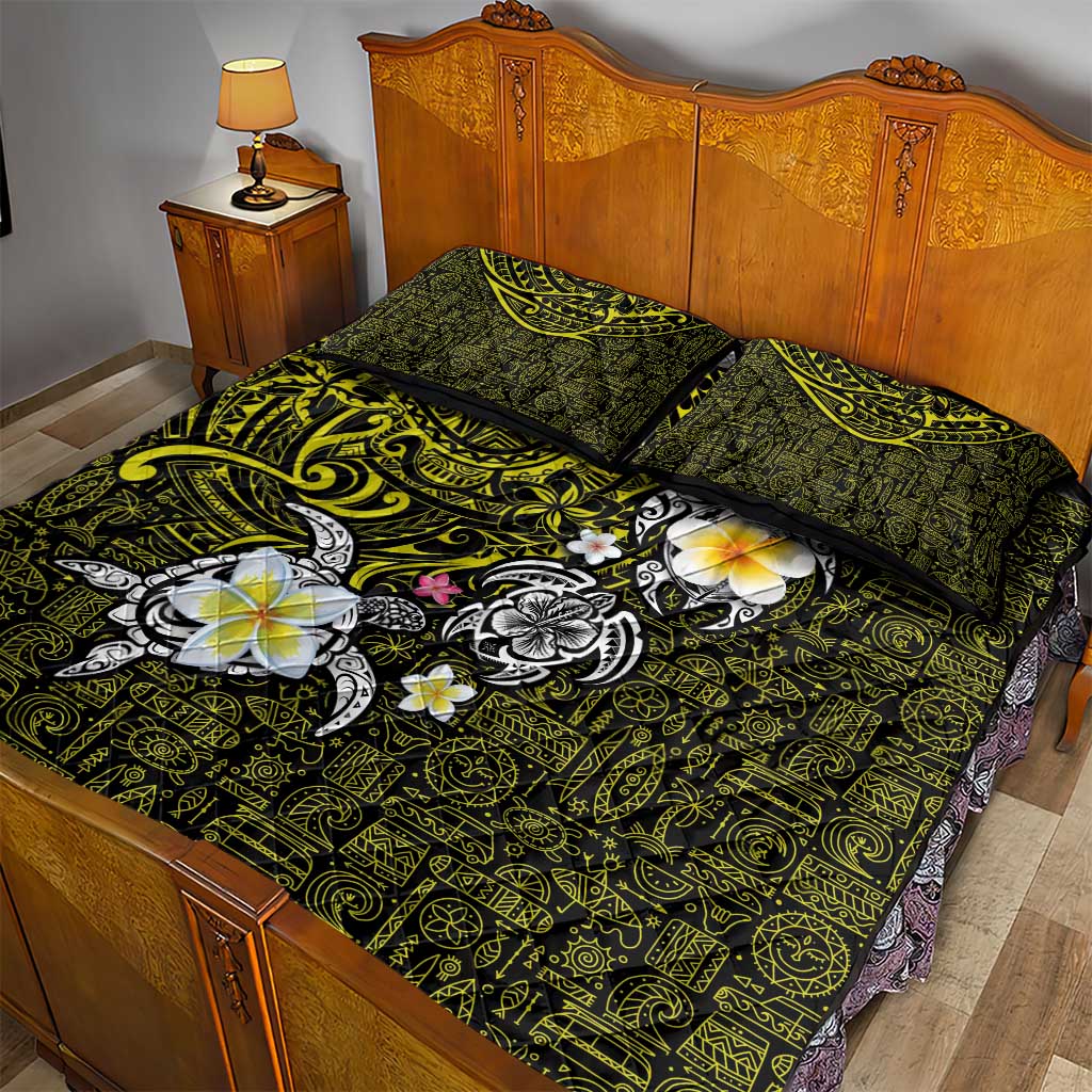 Hawaiian Turtle and Plumeria Quilt Bed Set Polynesian Tattoo and Tribal Elements Pattern Yellow Color LT03 - Polynesian Pride
