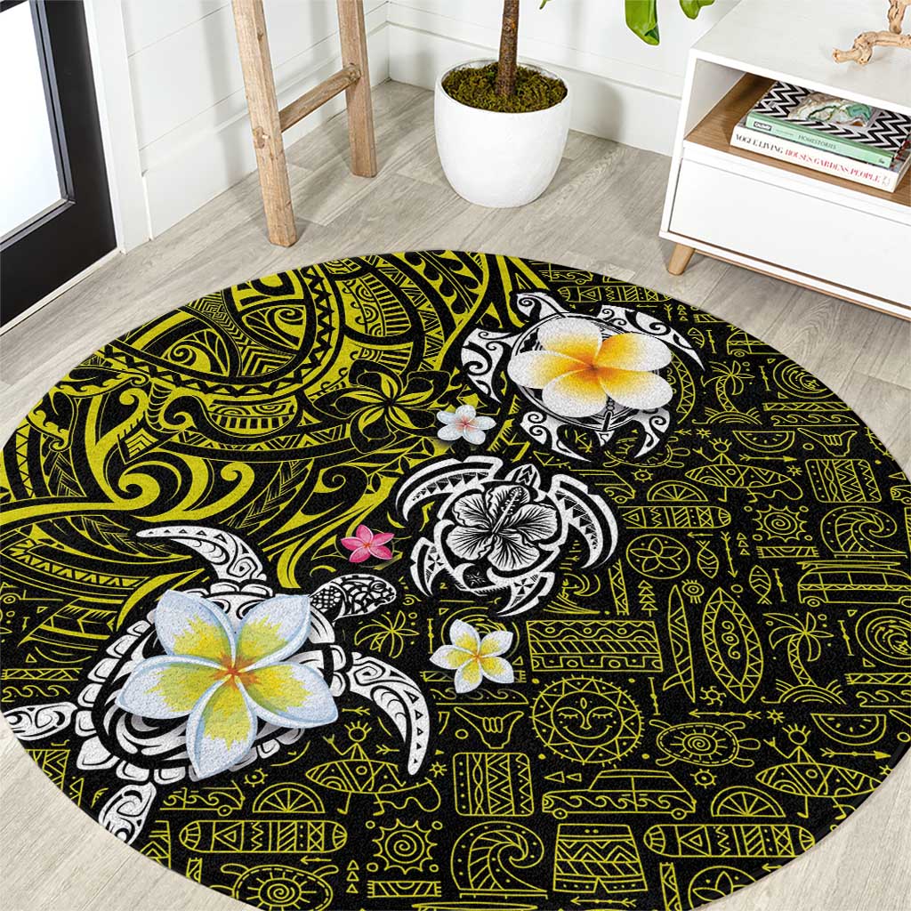 Hawaiian Turtle and Plumeria Round Carpet Polynesian Tattoo and Tribal Elements Pattern Yellow Color