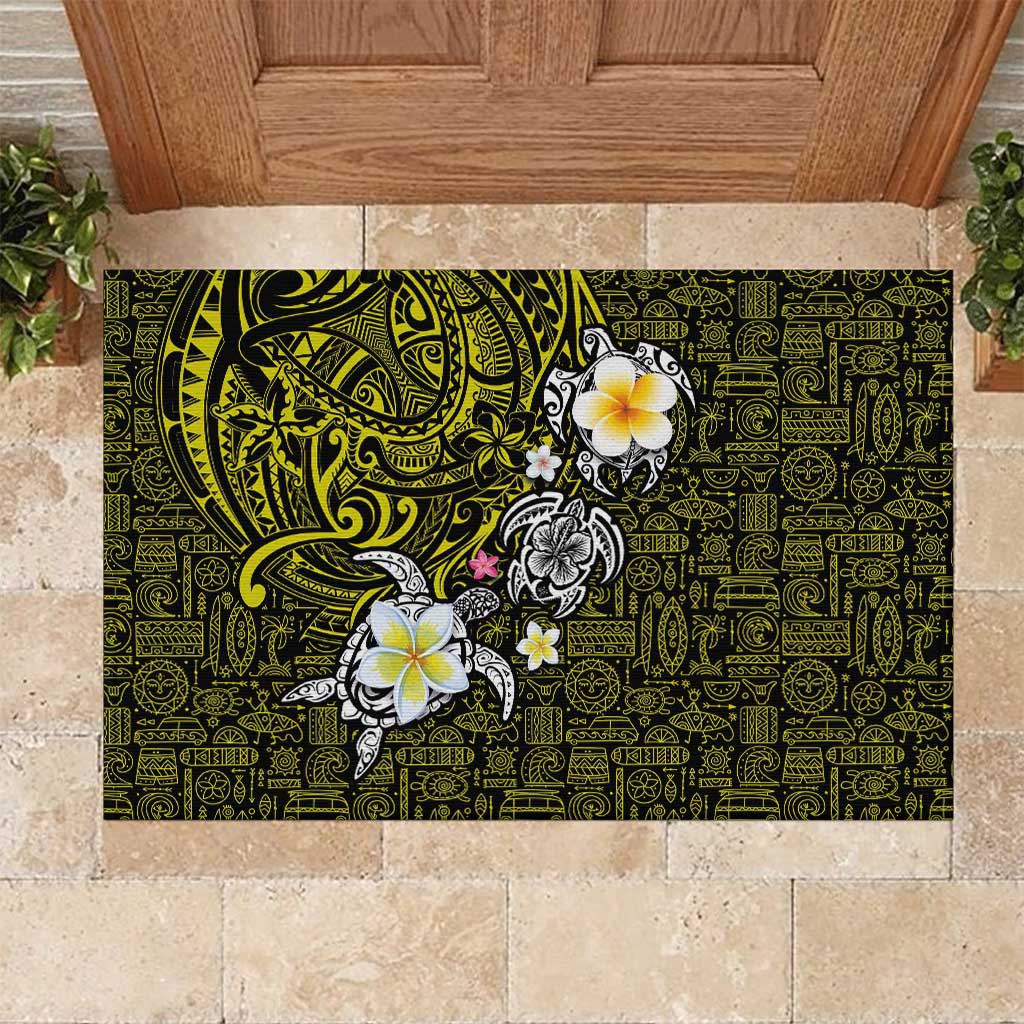 Hawaiian Turtle and Plumeria Rubber Doormat Polynesian Tattoo and Tribal Elements Pattern Yellow Color