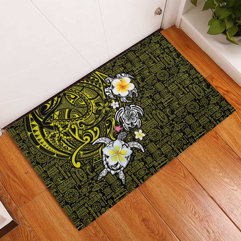 Hawaiian Turtle and Plumeria Rubber Doormat Polynesian Tattoo and Tribal Elements Pattern Yellow Color