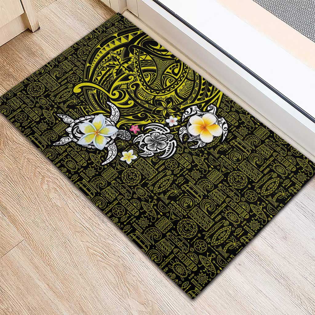 Hawaiian Turtle and Plumeria Rubber Doormat Polynesian Tattoo and Tribal Elements Pattern Yellow Color
