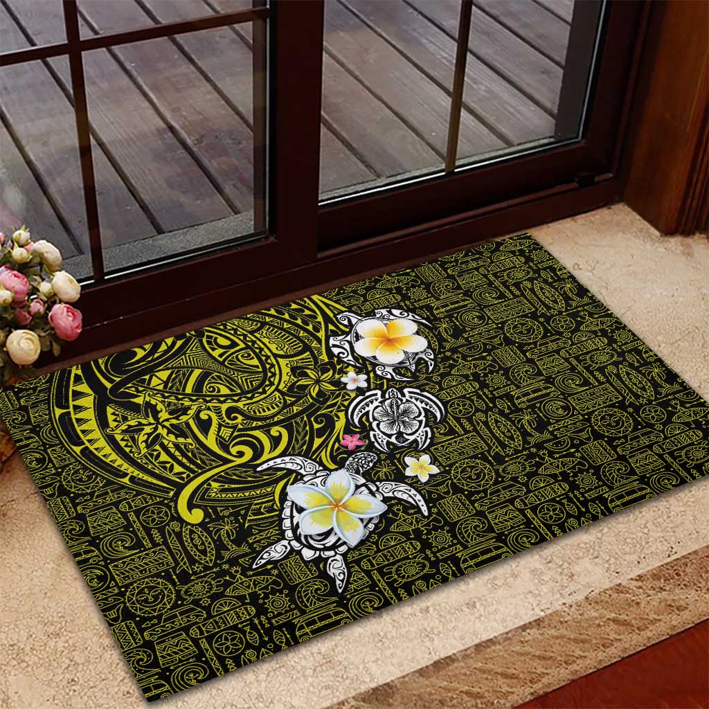 Hawaiian Turtle and Plumeria Rubber Doormat Polynesian Tattoo and Tribal Elements Pattern Yellow Color
