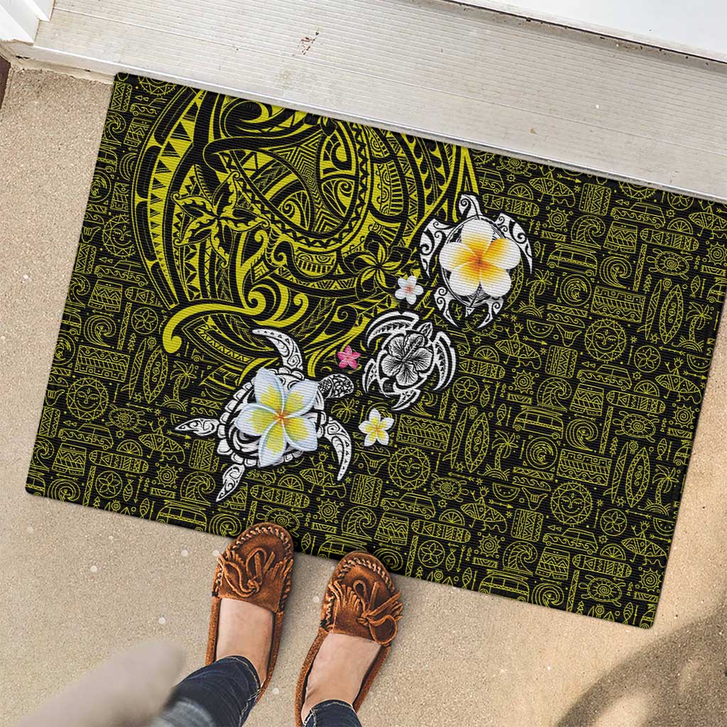 Hawaiian Turtle and Plumeria Rubber Doormat Polynesian Tattoo and Tribal Elements Pattern Yellow Color