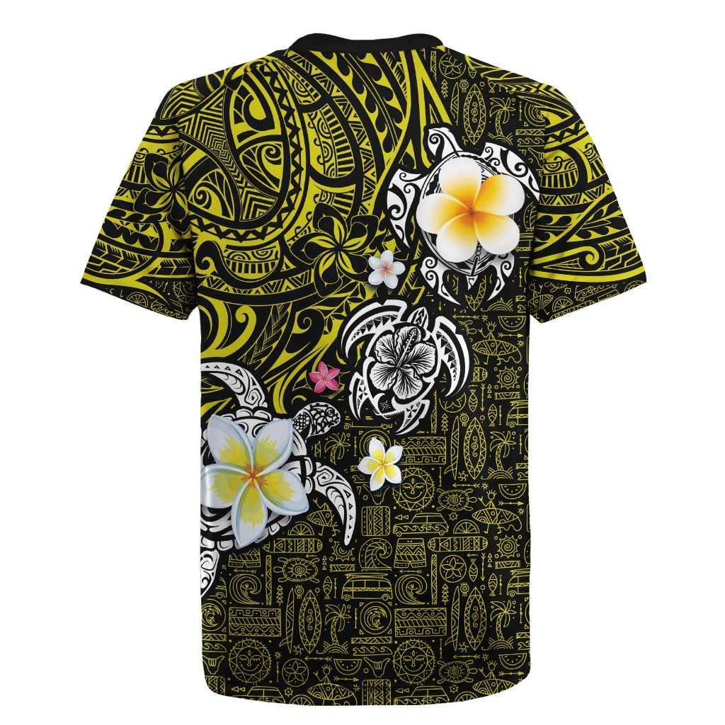 Hawaiian Turtle and Plumeria Rugby Jersey Polynesian Tattoo and Tribal Elements Pattern Yellow Color LT03 - Polynesian Pride