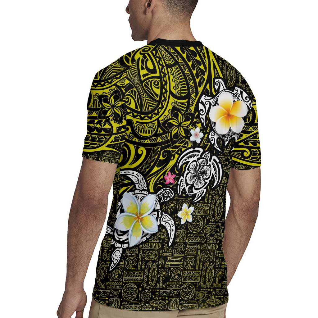 Hawaiian Turtle and Plumeria Rugby Jersey Polynesian Tattoo and Tribal Elements Pattern Yellow Color LT03 - Polynesian Pride