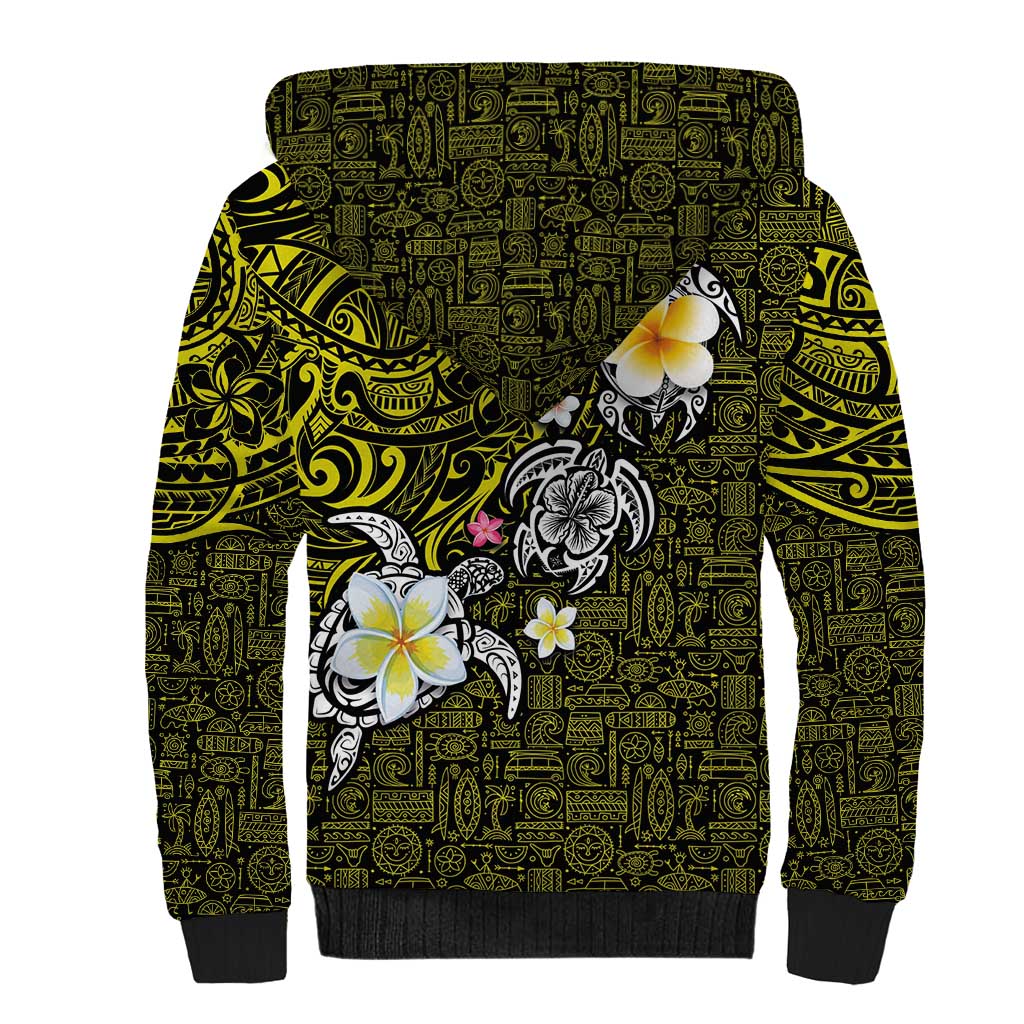 Hawaiian Turtle and Plumeria Sherpa Hoodie Polynesian Tattoo and Tribal Elements Pattern Yellow Color LT03 - Polynesian Pride