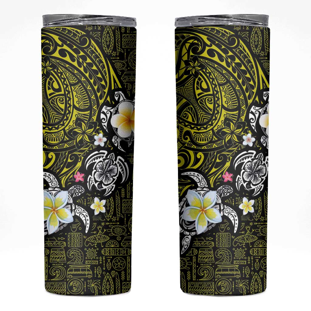 Hawaiian Turtle and Plumeria Skinny Tumbler Polynesian Tattoo and Tribal Elements Pattern Yellow Color