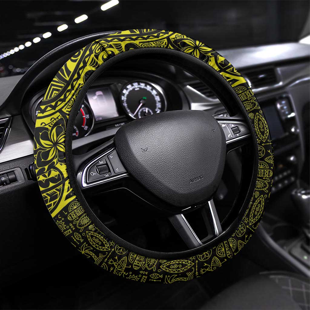 Hawaiian Turtle and Plumeria Steering Wheel Cover Polynesian Tattoo and Tribal Elements Pattern Yellow Color