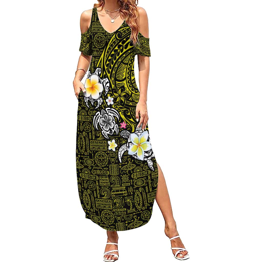 Hawaiian Turtle and Plumeria Summer Maxi Dress Polynesian Tattoo and Tribal Elements Pattern Yellow Color LT03 Women Yellow - Polynesian Pride