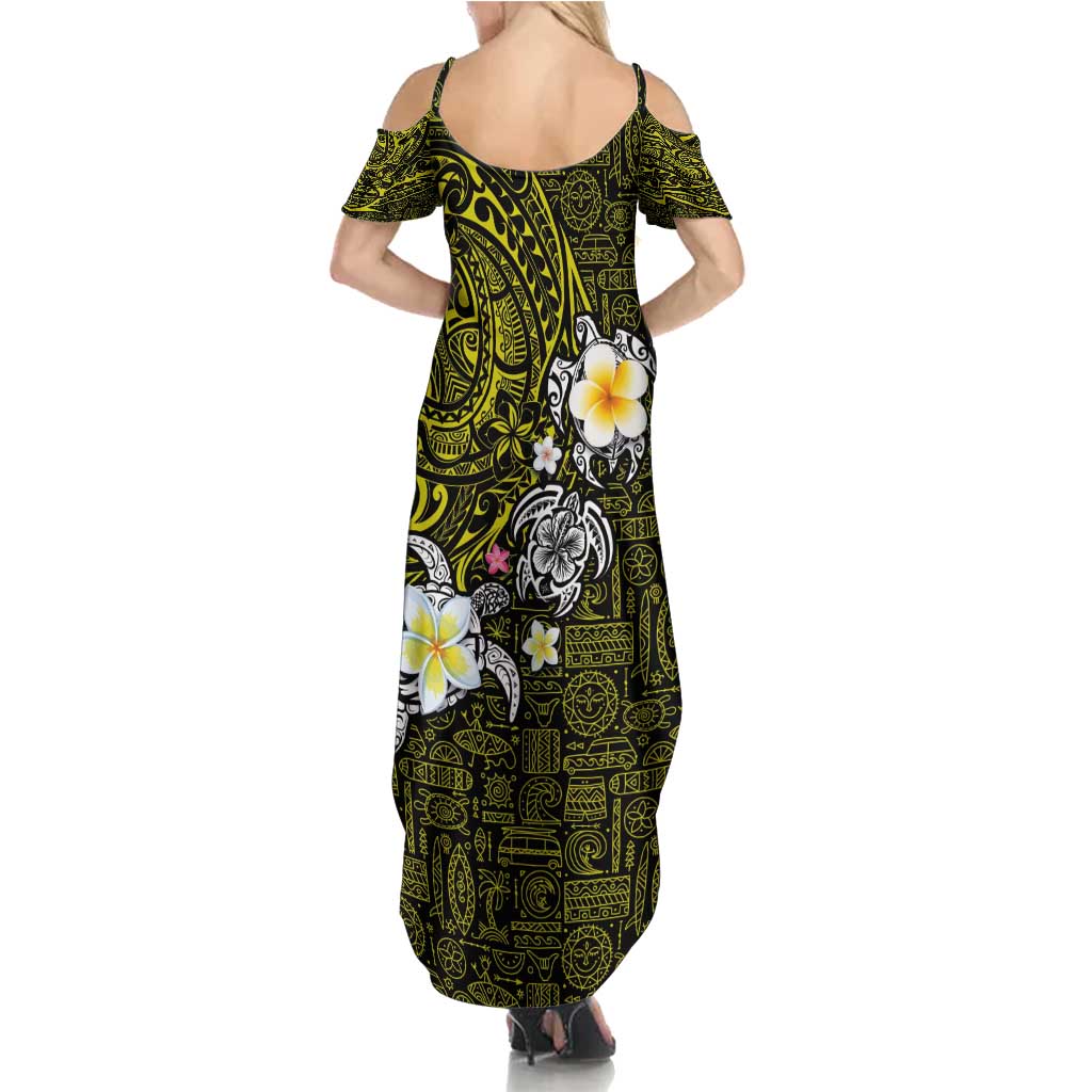 Hawaiian Turtle and Plumeria Summer Maxi Dress Polynesian Tattoo and Tribal Elements Pattern Yellow Color LT03 - Polynesian Pride
