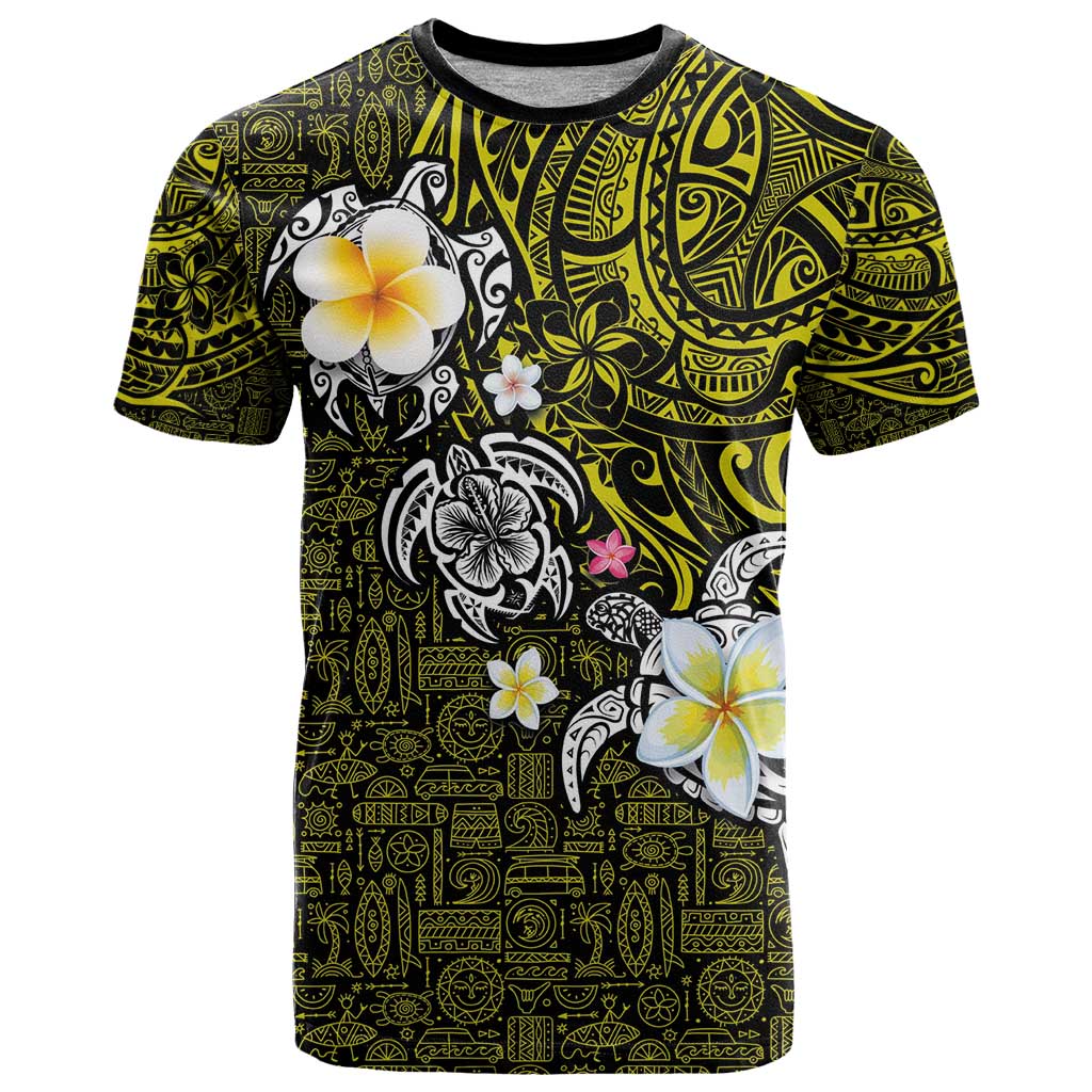 Hawaiian Turtle and Plumeria T Shirt Polynesian Tattoo and Tribal Elements Pattern Yellow Color