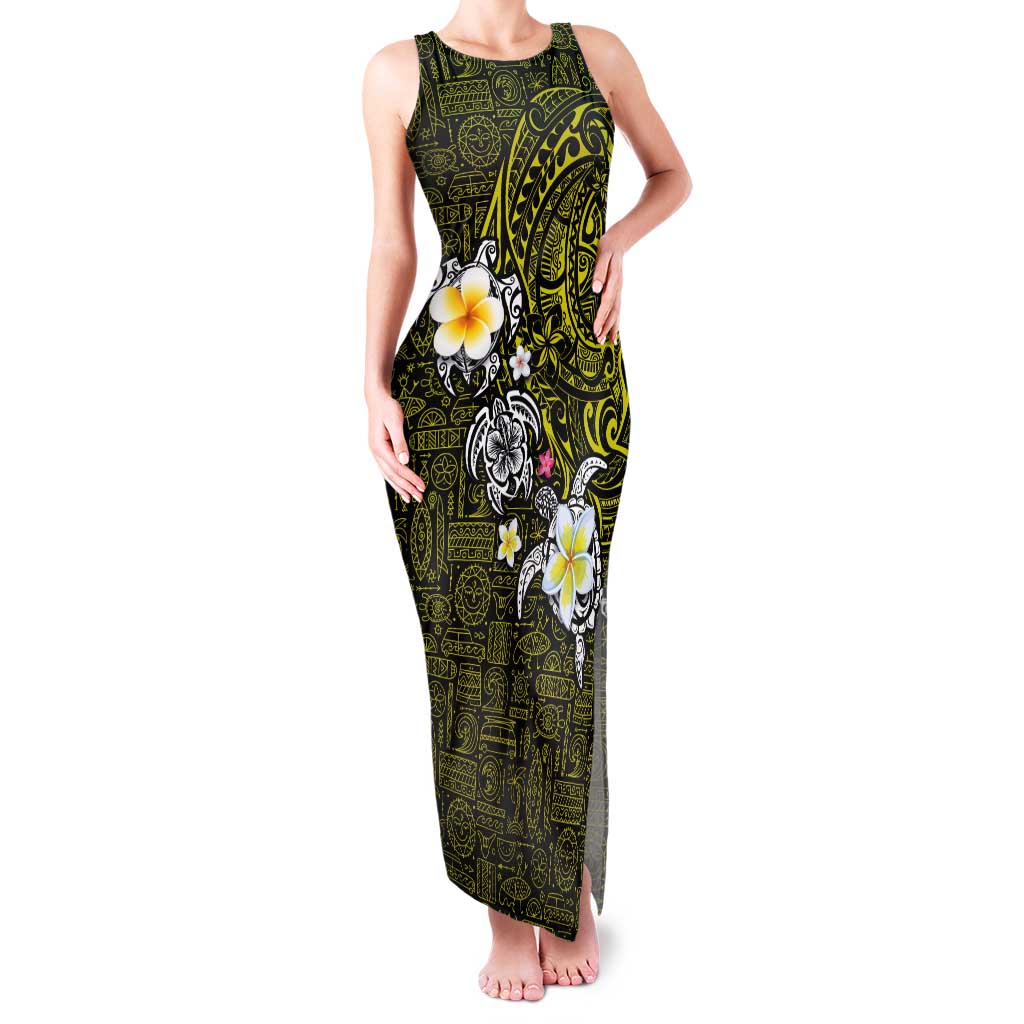 Hawaiian Turtle and Plumeria Tank Maxi Dress Polynesian Tattoo and Tribal Elements Pattern Yellow Color LT03 Women Yellow - Polynesian Pride