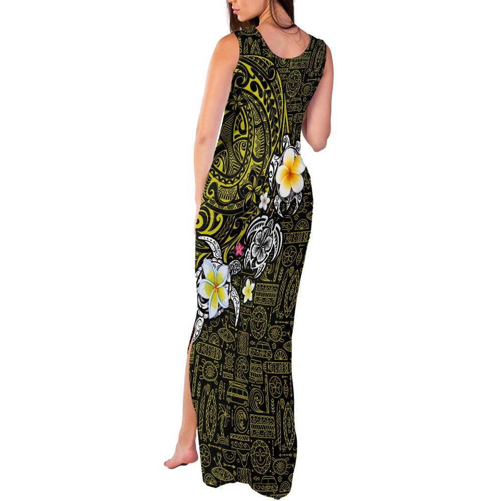 Hawaiian Turtle and Plumeria Tank Maxi Dress Polynesian Tattoo and Tribal Elements Pattern Yellow Color LT03 - Polynesian Pride