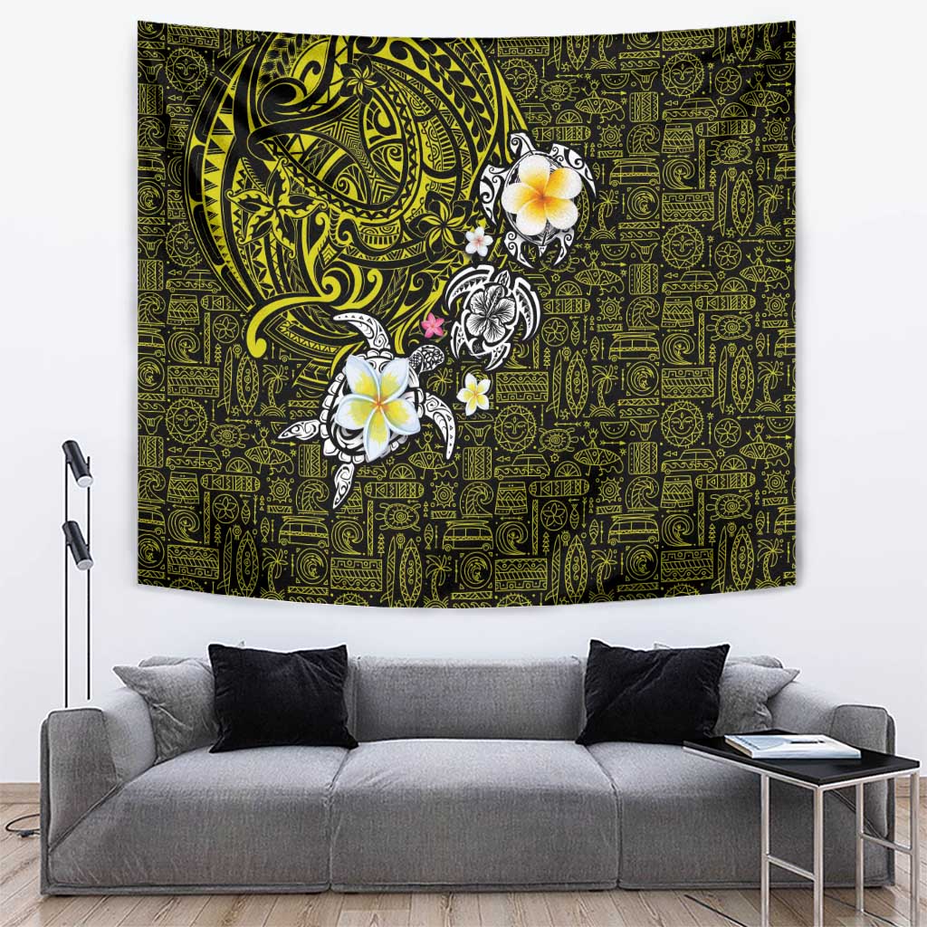 Hawaiian Turtle and Plumeria Tapestry Polynesian Tattoo and Tribal Elements Pattern Yellow Color