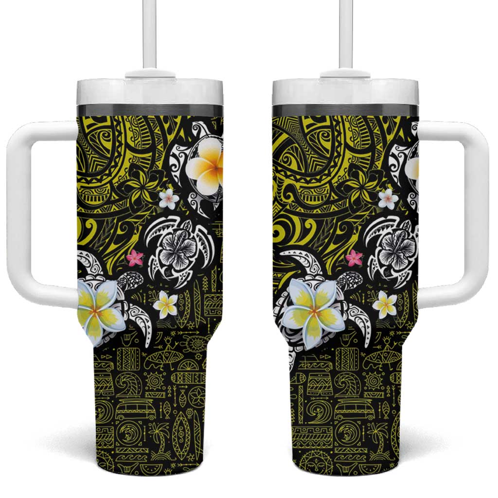 Hawaiian Turtle and Plumeria Tumbler With Handle Polynesian Tattoo and Tribal Elements Pattern Yellow Color