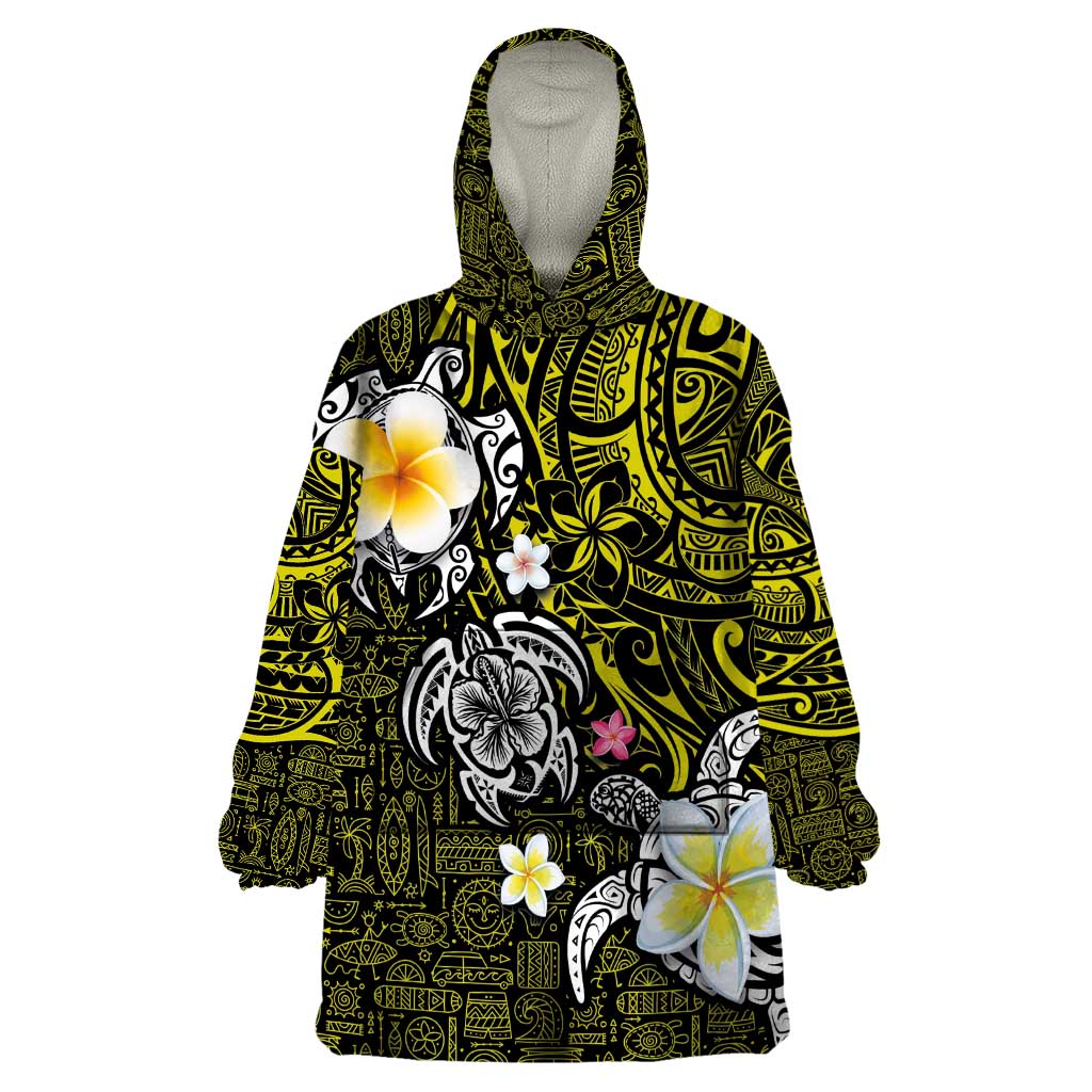 Hawaiian Turtle and Plumeria Wearable Blanket Hoodie Polynesian Tattoo and Tribal Elements Pattern Yellow Color LT03 One Size Yellow - Polynesian Pride