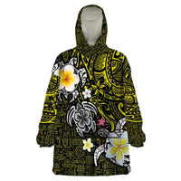 Hawaiian Turtle and Plumeria Wearable Blanket Hoodie Polynesian Tattoo and Tribal Elements Pattern Yellow Color LT03 One Size Yellow - Polynesian Pride