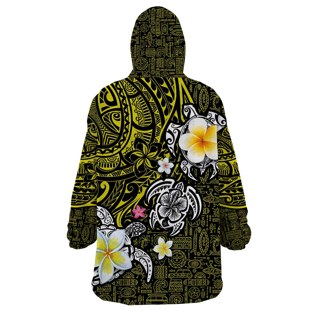 Hawaiian Turtle and Plumeria Wearable Blanket Hoodie Polynesian Tattoo and Tribal Elements Pattern Yellow Color LT03 - Polynesian Pride