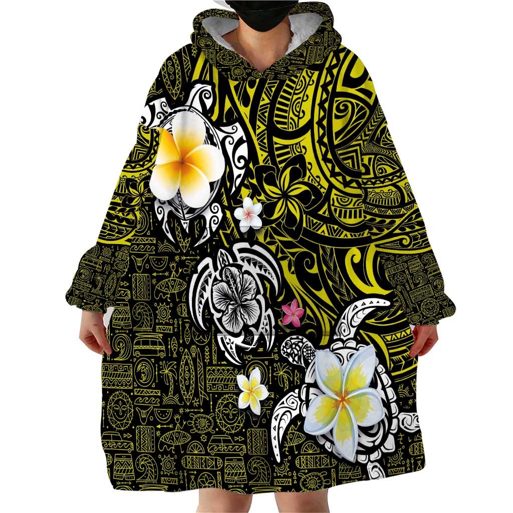 Hawaiian Turtle and Plumeria Wearable Blanket Hoodie Polynesian Tattoo and Tribal Elements Pattern Yellow Color LT03 - Polynesian Pride