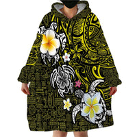Hawaiian Turtle and Plumeria Wearable Blanket Hoodie Polynesian Tattoo and Tribal Elements Pattern Yellow Color LT03 - Polynesian Pride