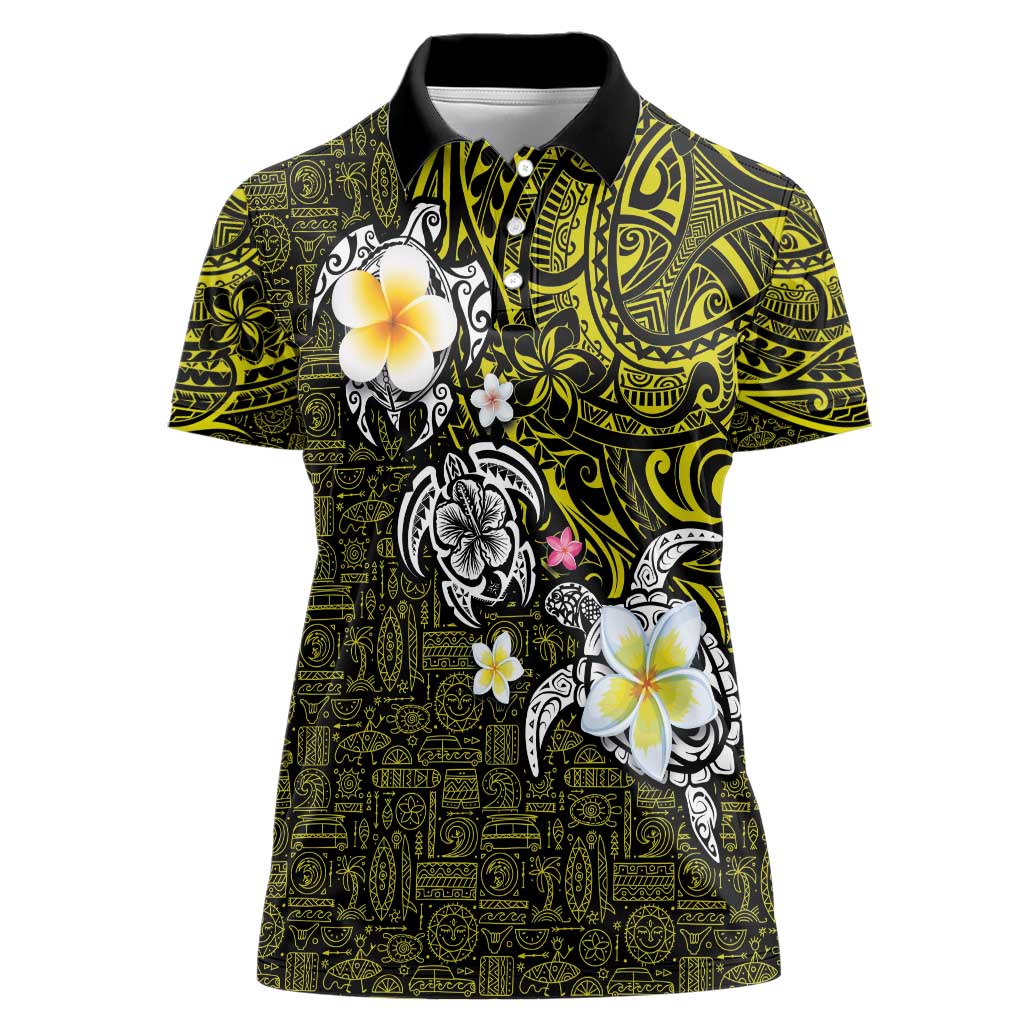 Hawaiian Turtle and Plumeria Women Polo Shirt Polynesian Tattoo and Tribal Elements Pattern Yellow Color
