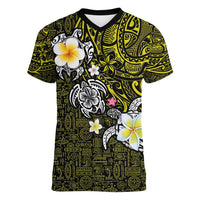 Hawaiian Turtle and Plumeria Women V-Neck T-Shirt Polynesian Tattoo and Tribal Elements Pattern Yellow Color