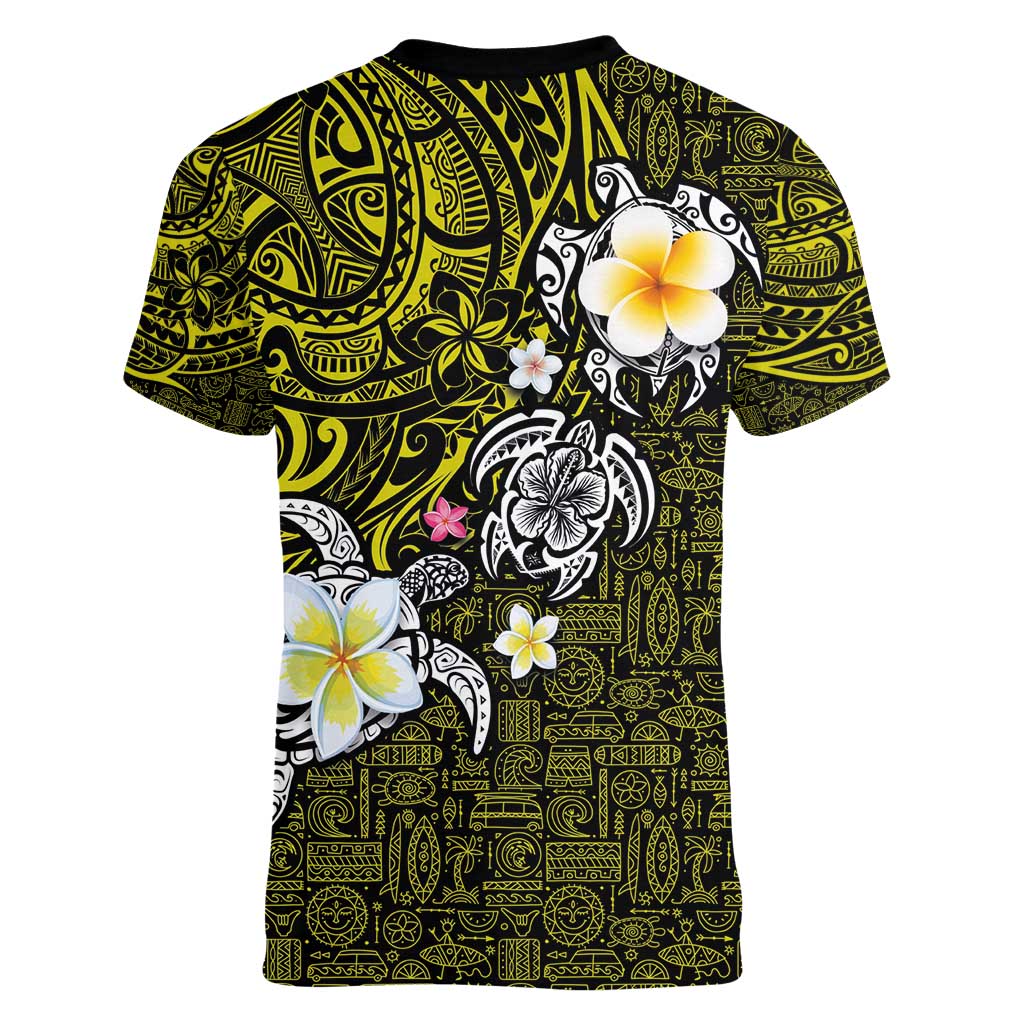 Hawaiian Turtle and Plumeria Women V-Neck T-Shirt Polynesian Tattoo and Tribal Elements Pattern Yellow Color