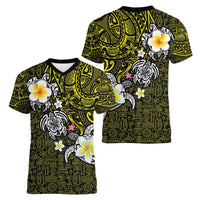 Hawaiian Turtle and Plumeria Women V-Neck T-Shirt Polynesian Tattoo and Tribal Elements Pattern Yellow Color