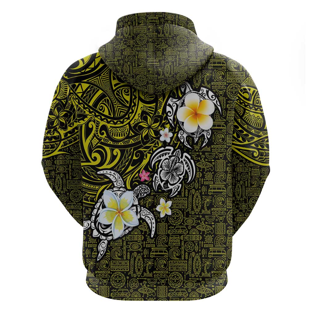 Hawaiian Turtle and Plumeria Zip Hoodie Polynesian Tattoo and Tribal Elements Pattern Yellow Color