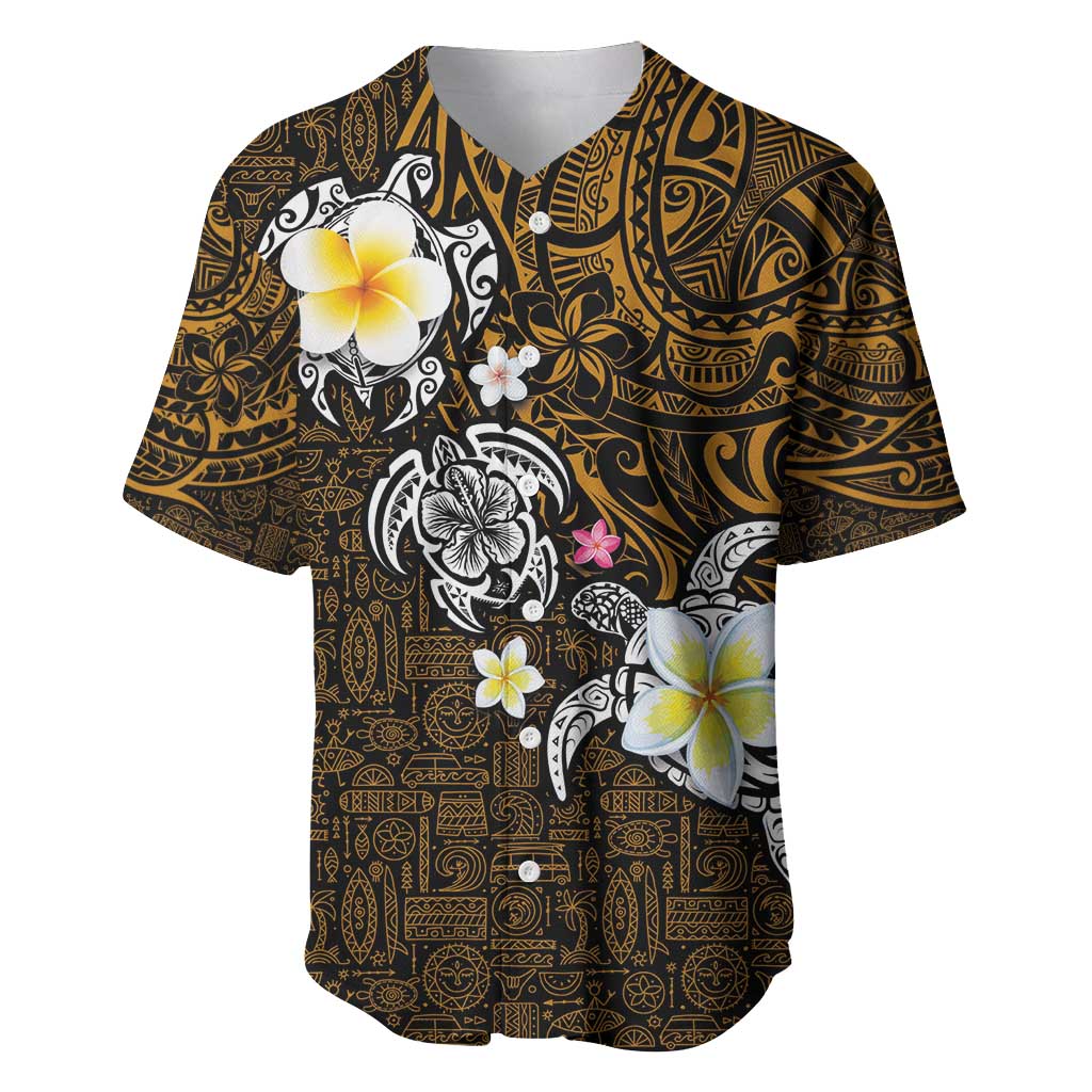 Hawaiian Turtle and Plumeria Baseball Jersey Polynesian Tattoo and Tribal Elements Pattern Orange Color