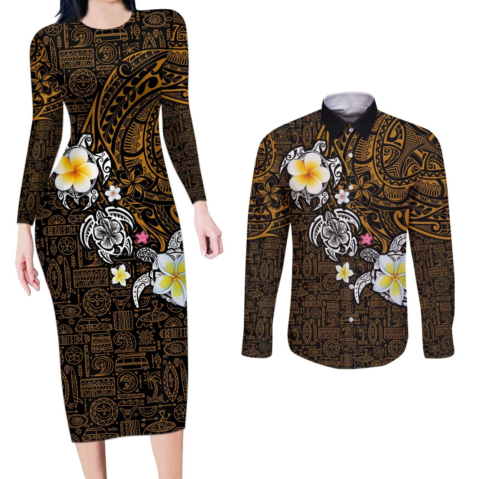 Hawaiian Turtle and Plumeria Couples Matching Long Sleeve Bodycon Dress and Long Sleeve Button Shirt Polynesian Tattoo and Tribal Elements Pattern Orange Color LT03 Orange - Polynesian Pride