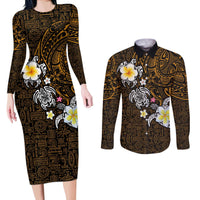 Hawaiian Turtle and Plumeria Couples Matching Long Sleeve Bodycon Dress and Long Sleeve Button Shirt Polynesian Tattoo and Tribal Elements Pattern Orange Color LT03 Orange - Polynesian Pride