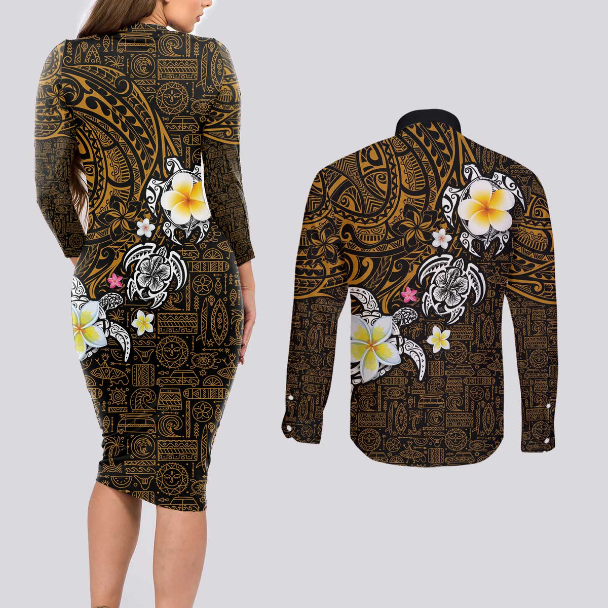 Hawaiian Turtle and Plumeria Couples Matching Long Sleeve Bodycon Dress and Long Sleeve Button Shirt Polynesian Tattoo and Tribal Elements Pattern Orange Color LT03 - Polynesian Pride