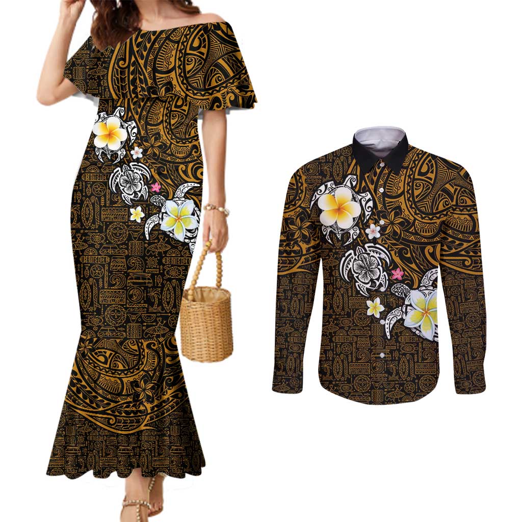 Hawaiian Turtle and Plumeria Couples Matching Mermaid Dress and Long Sleeve Button Shirt Polynesian Tattoo and Tribal Elements Pattern Orange Color LT03 Orange - Polynesian Pride