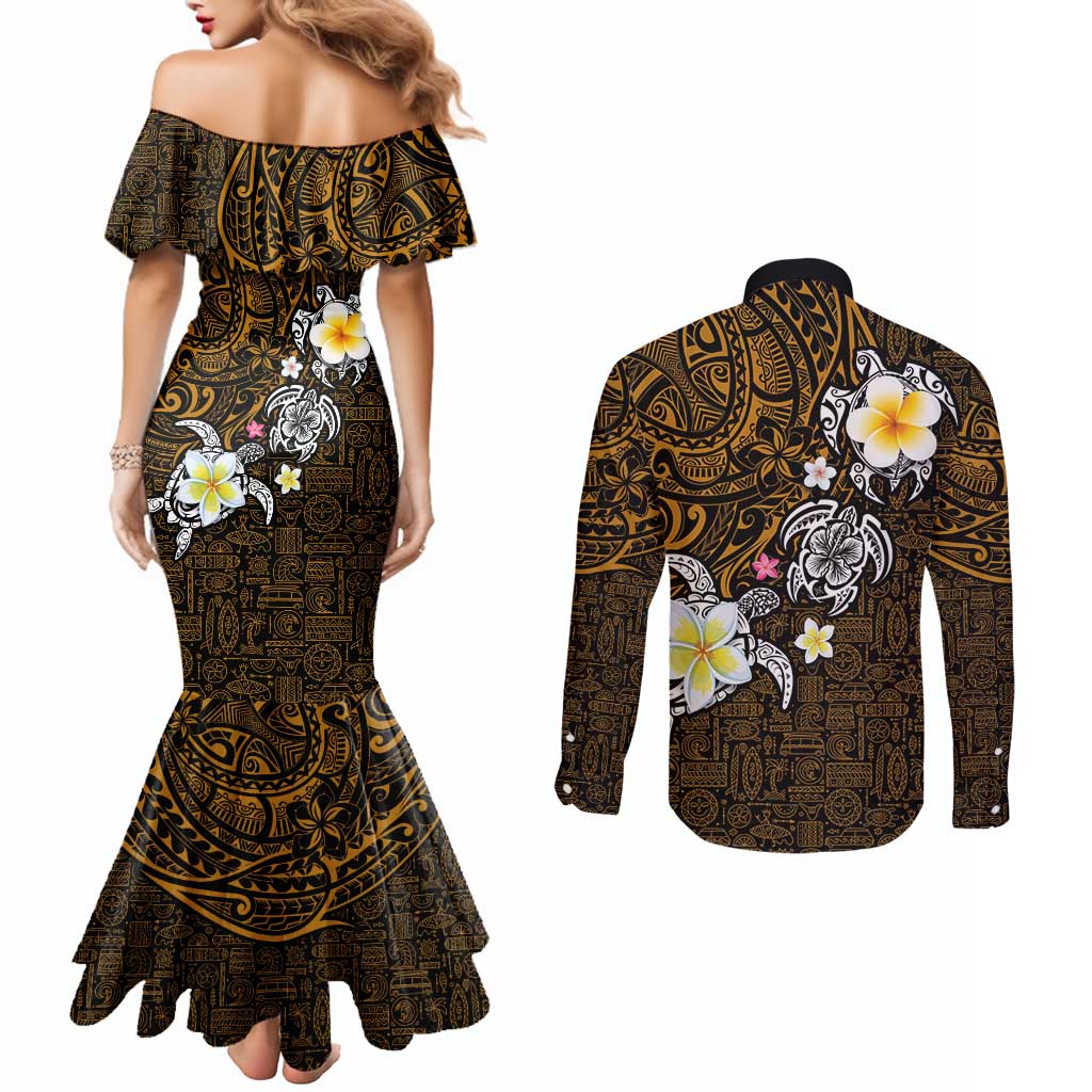Hawaiian Turtle and Plumeria Couples Matching Mermaid Dress and Long Sleeve Button Shirt Polynesian Tattoo and Tribal Elements Pattern Orange Color LT03 - Polynesian Pride