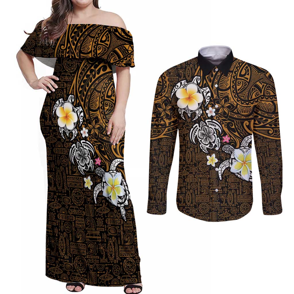 Hawaiian Turtle and Plumeria Couples Matching Off Shoulder Maxi Dress and Long Sleeve Button Shirt Polynesian Tattoo and Tribal Elements Pattern Orange Color LT03 Orange - Polynesian Pride